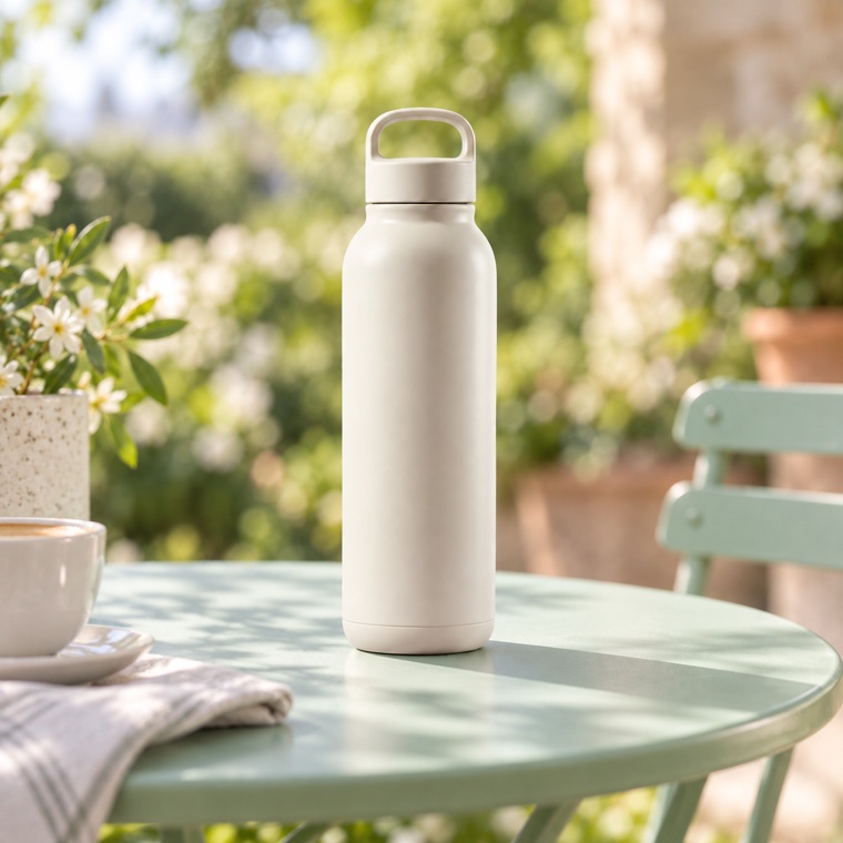Variant creative: the same ivory bottle on an outdoor cafe table
