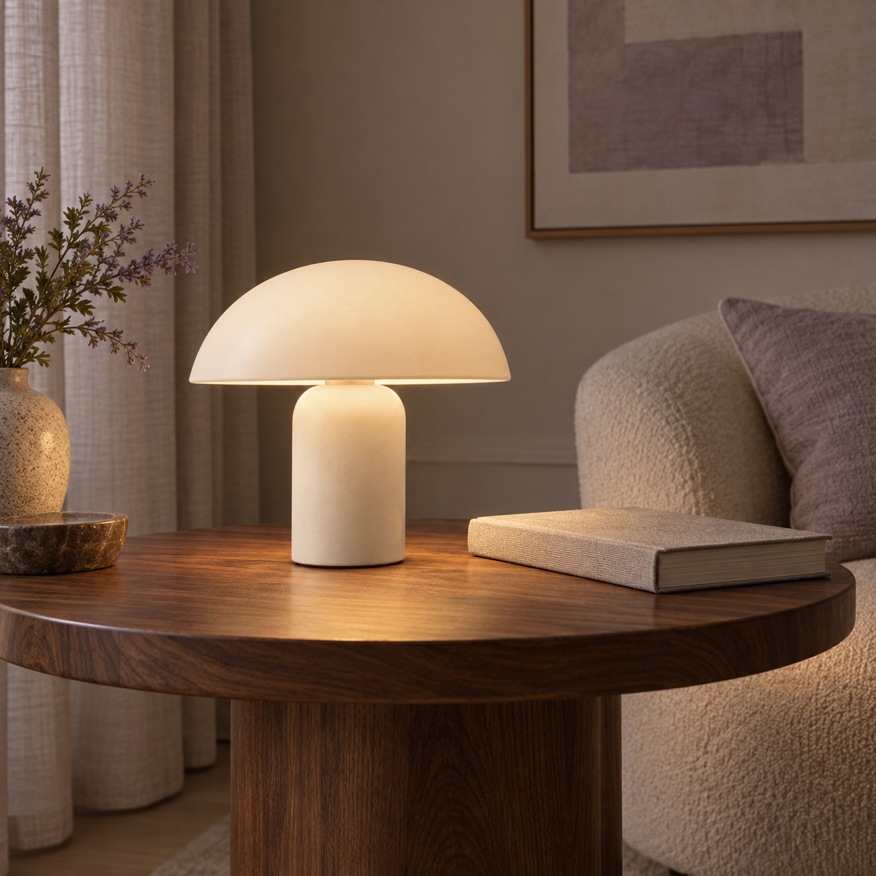 Ivory rechargeable lamp on a walnut table beside a book